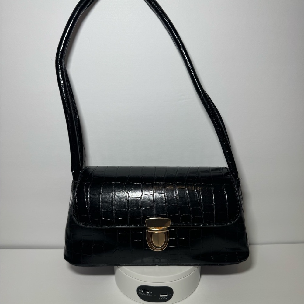 Amazon Black Crocodile-Embossed Shoulder Bag